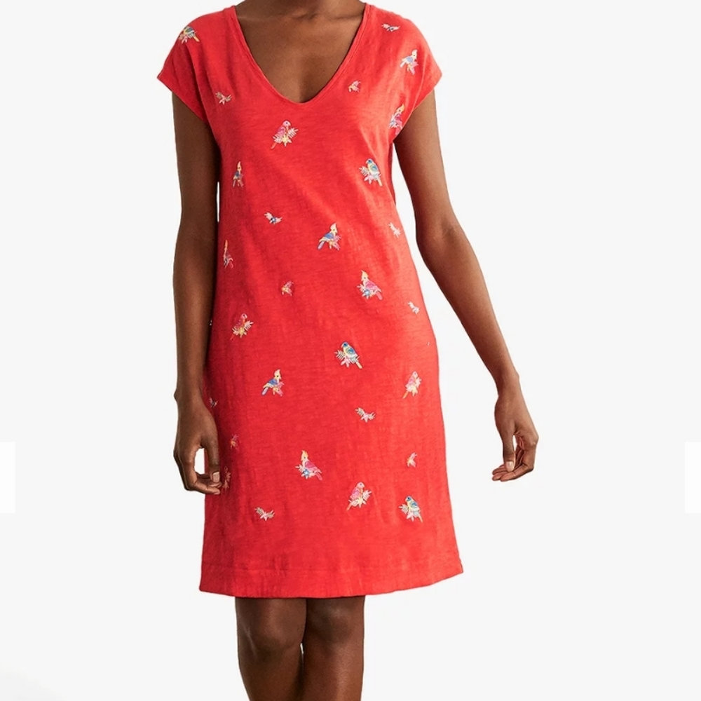 Boden Red V-Neck Embroidered Bird Shift Dress 20 22